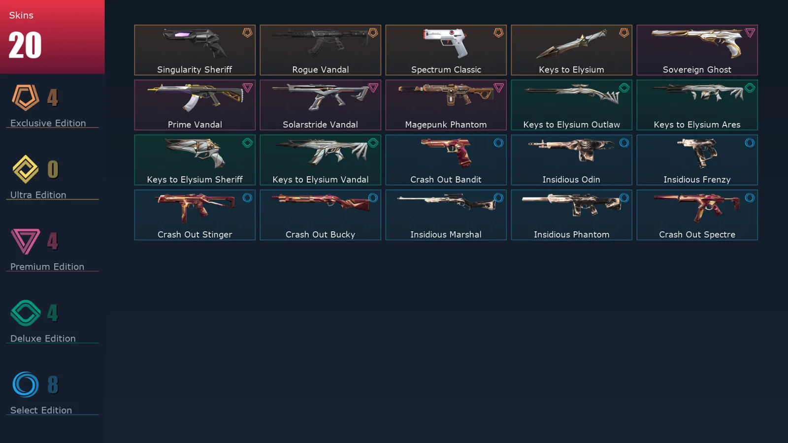 [Valorant] | EU | Level 45 | Platinum 1 | 14 Agents | 20 Skins