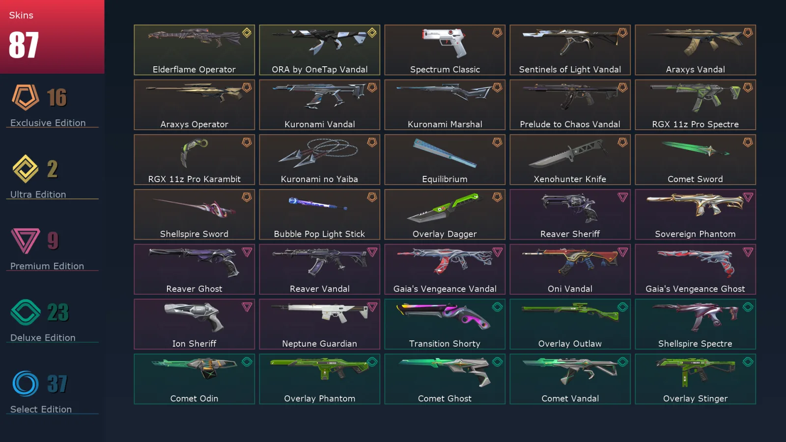 [Valorant] | EU | Level 362 | Platinum 2 | 29 Agents | 87 Skins