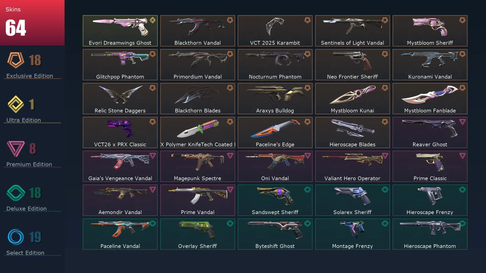 [Valorant] | EU | Level 480 | Ascendant 2 | 29 Agents | 64 Skins