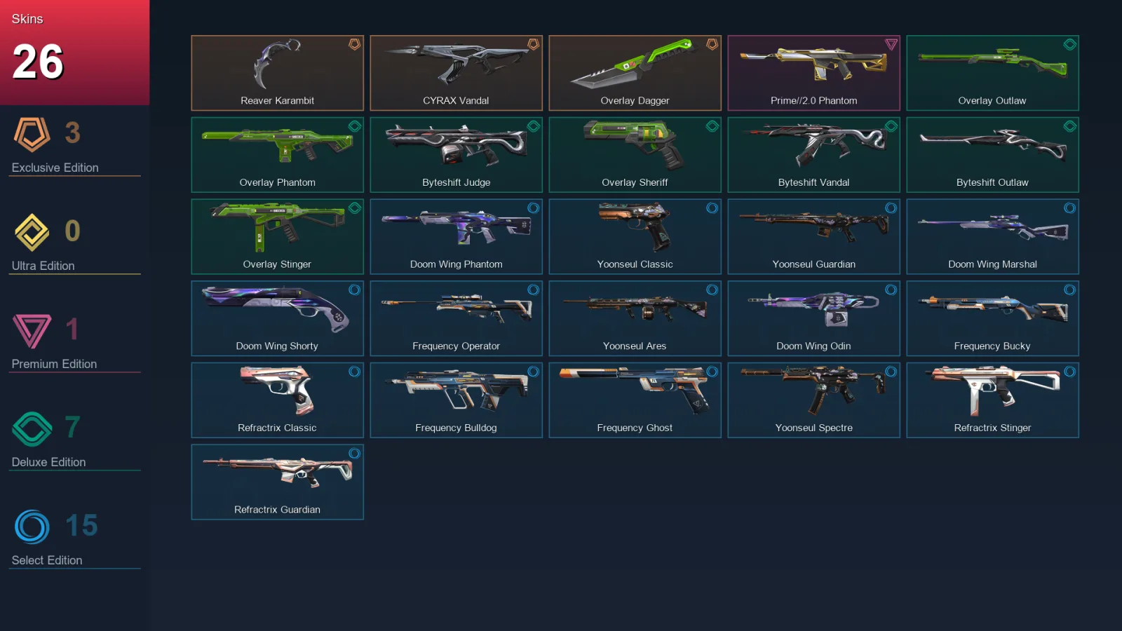 EU | Reaver Karambit | CYRAX Vandal | Overlay Dagger | Prime//2.0 Phantom | 26 Skin | 13 Agent | 26 Buddy | Lv41