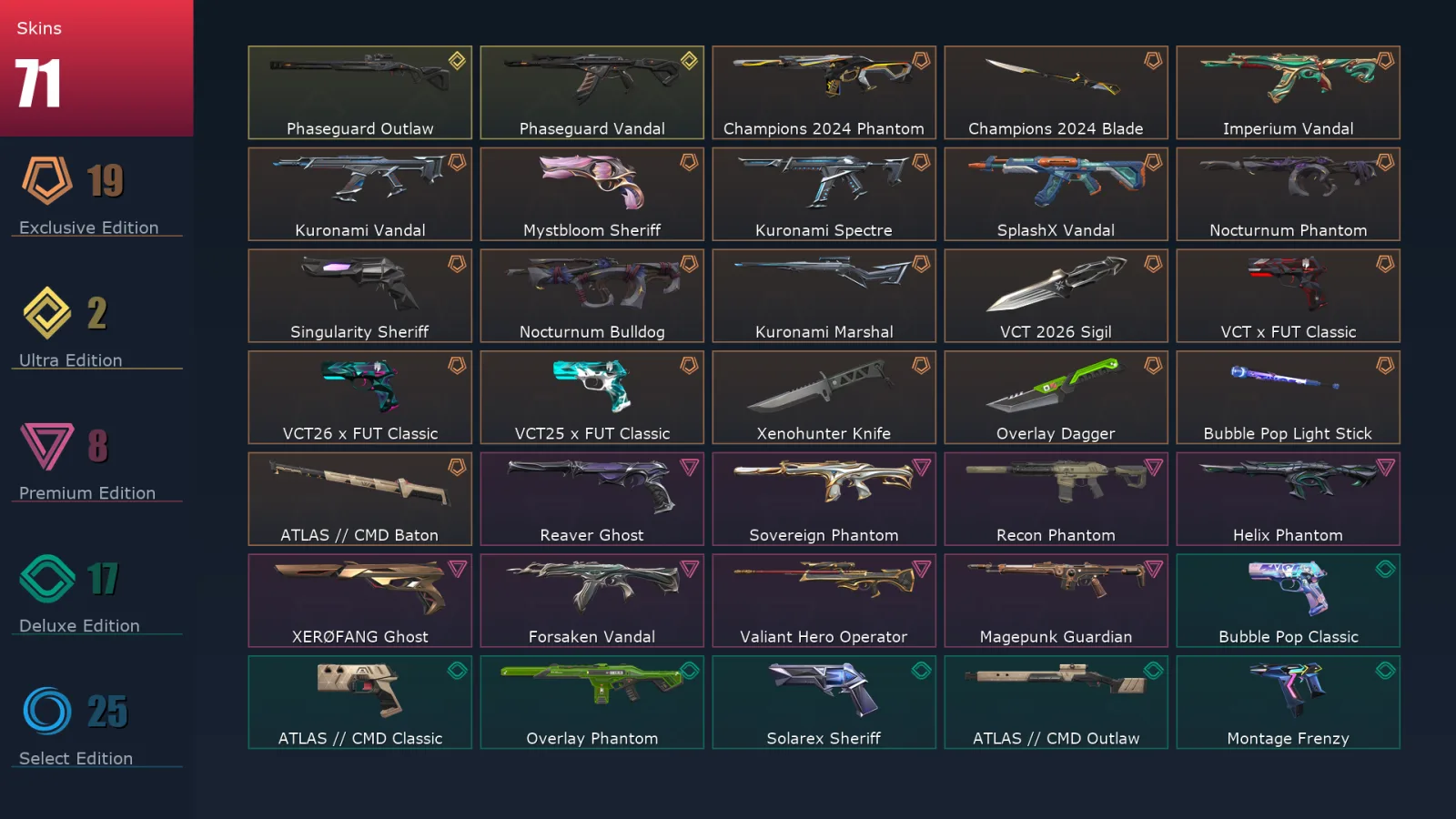 [Valorant] | EU | Level 210 | Ascendant 3 | 29 Agents | 71 Skins