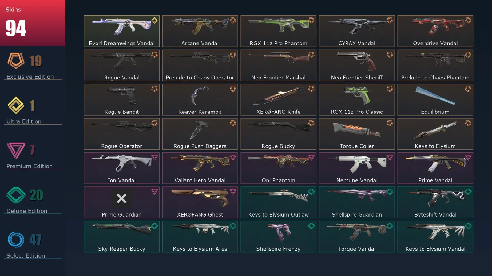 [Valorant] | EU | Level 89 | Silver 3 | 26 Agents | 94 Skins