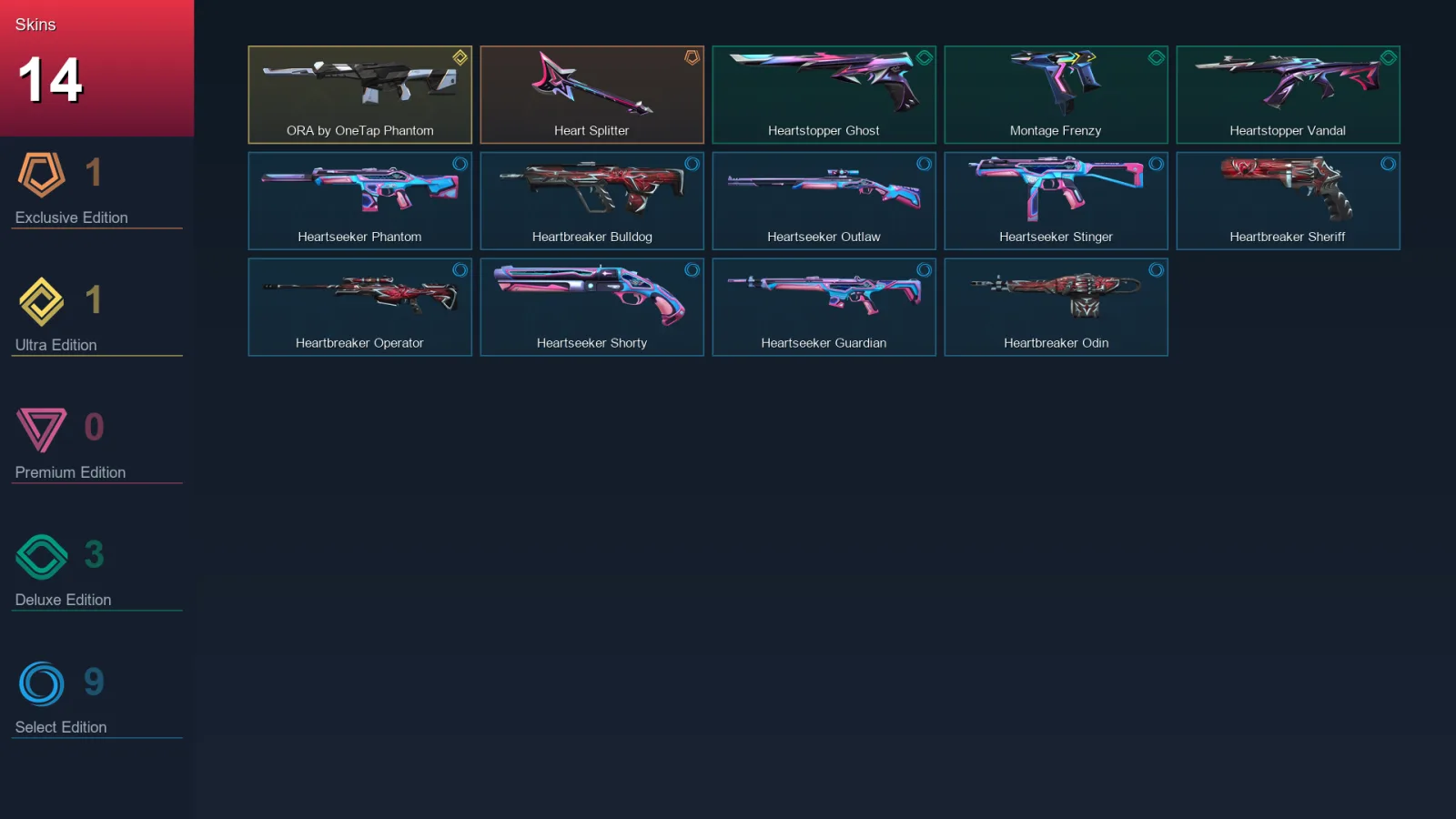 EU | Heart Splitter | ORA by OneTap Phantom | Heartstopper Ghost | Montage Frenzy | 14 Skin | 18 Agent | 23 Buddy | Lv52