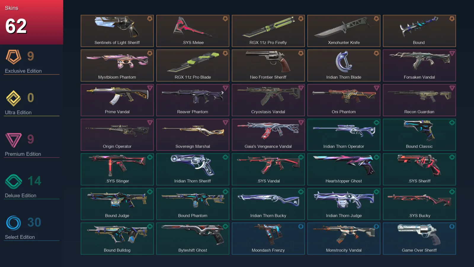 AP | Lv190 | Unranked | 62 Skin | 29 Agent | 104 Buddy