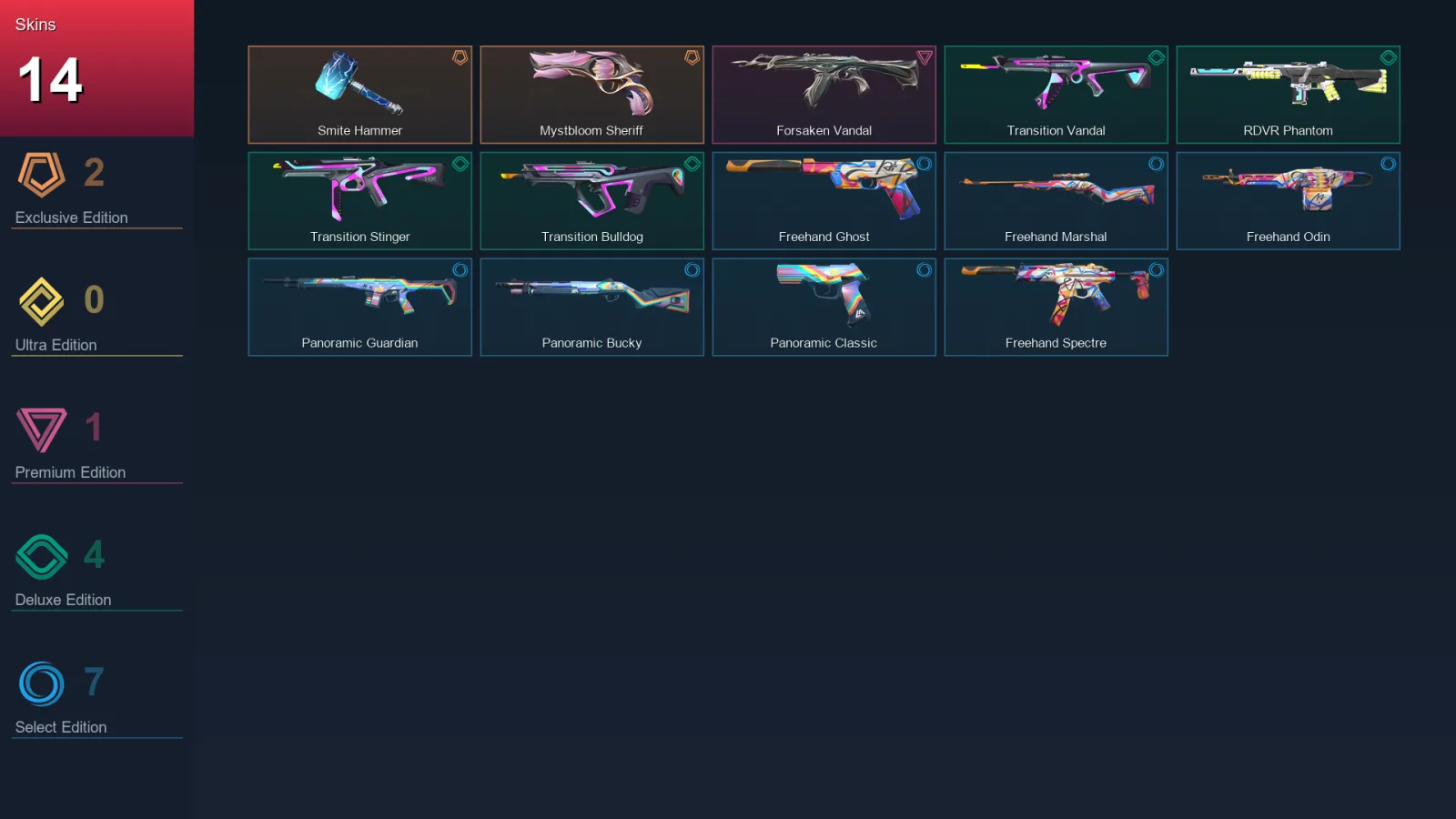 LA | Smite Hammer | Mystbloom Sheriff | Forsaken Vandal | Transition Vandal | 14 Skin | 13 Agent | 23 Buddy | Lv36