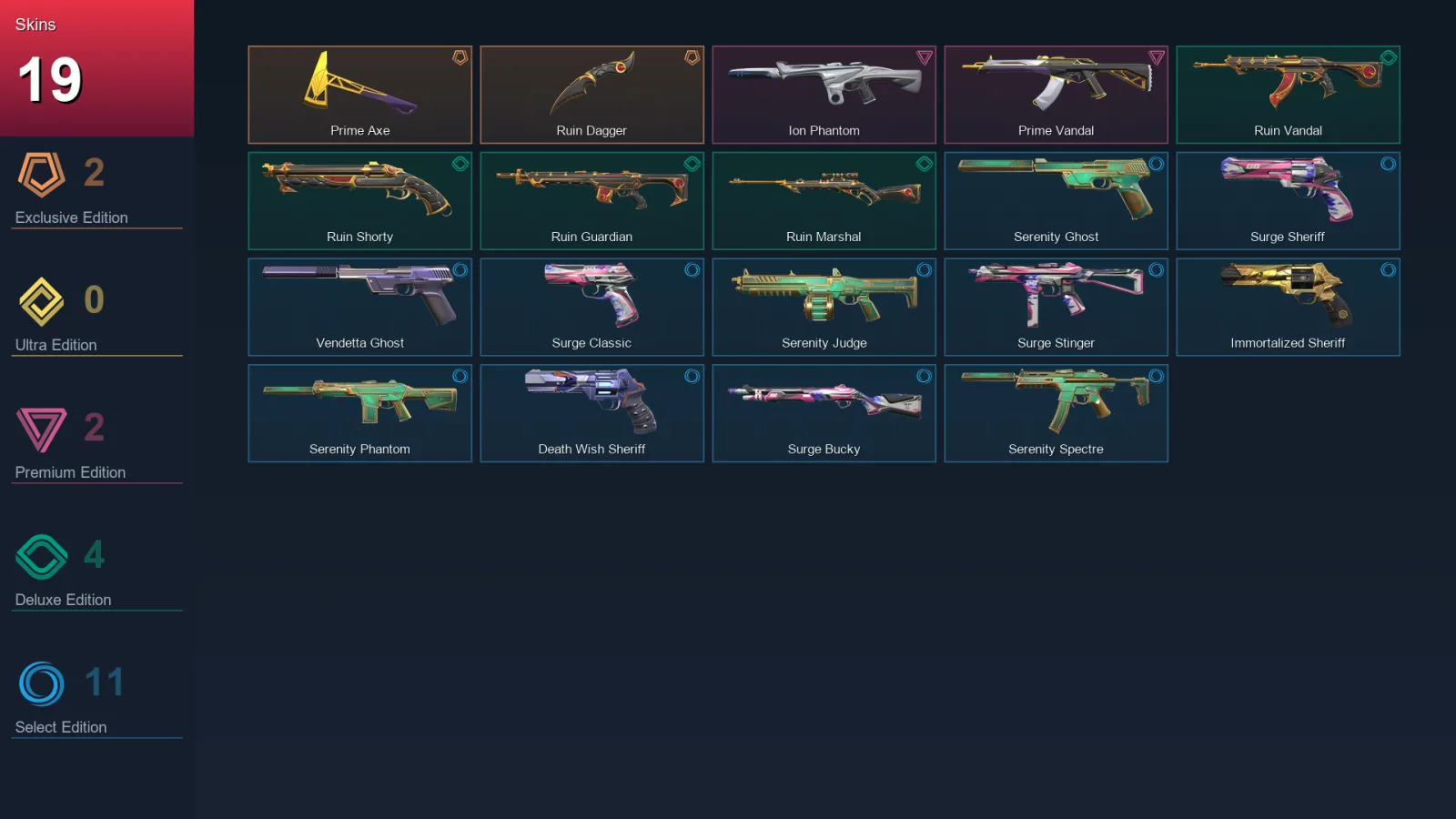 AP | Lv72 | Unranked | 19 Skin | 19 Agent | 37 Buddy