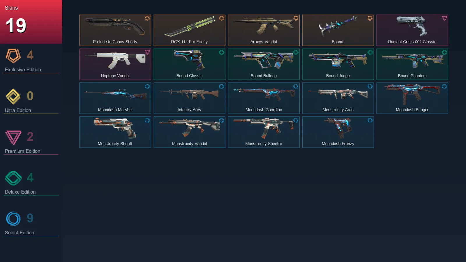 AP | Prelude to Chaos Shorty | RGX 11z Pro Firefly | Araxys Vandal | Bound | 19 Skin | 21 Agent | 35 Buddy | Lv65