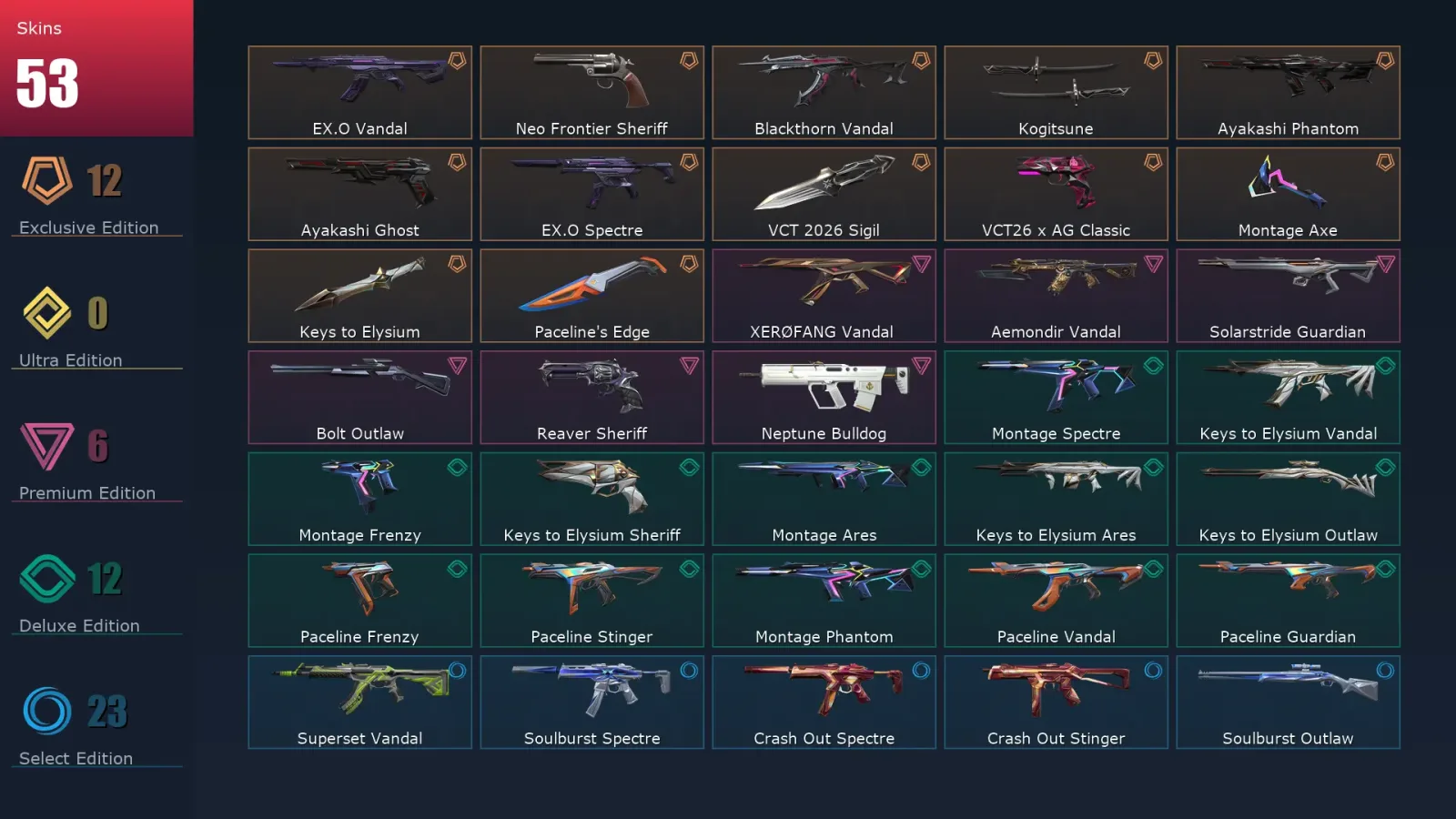 [Valorant] | EU | Level 119 | Ascendant 1 | 28 Agents | 53 Skins