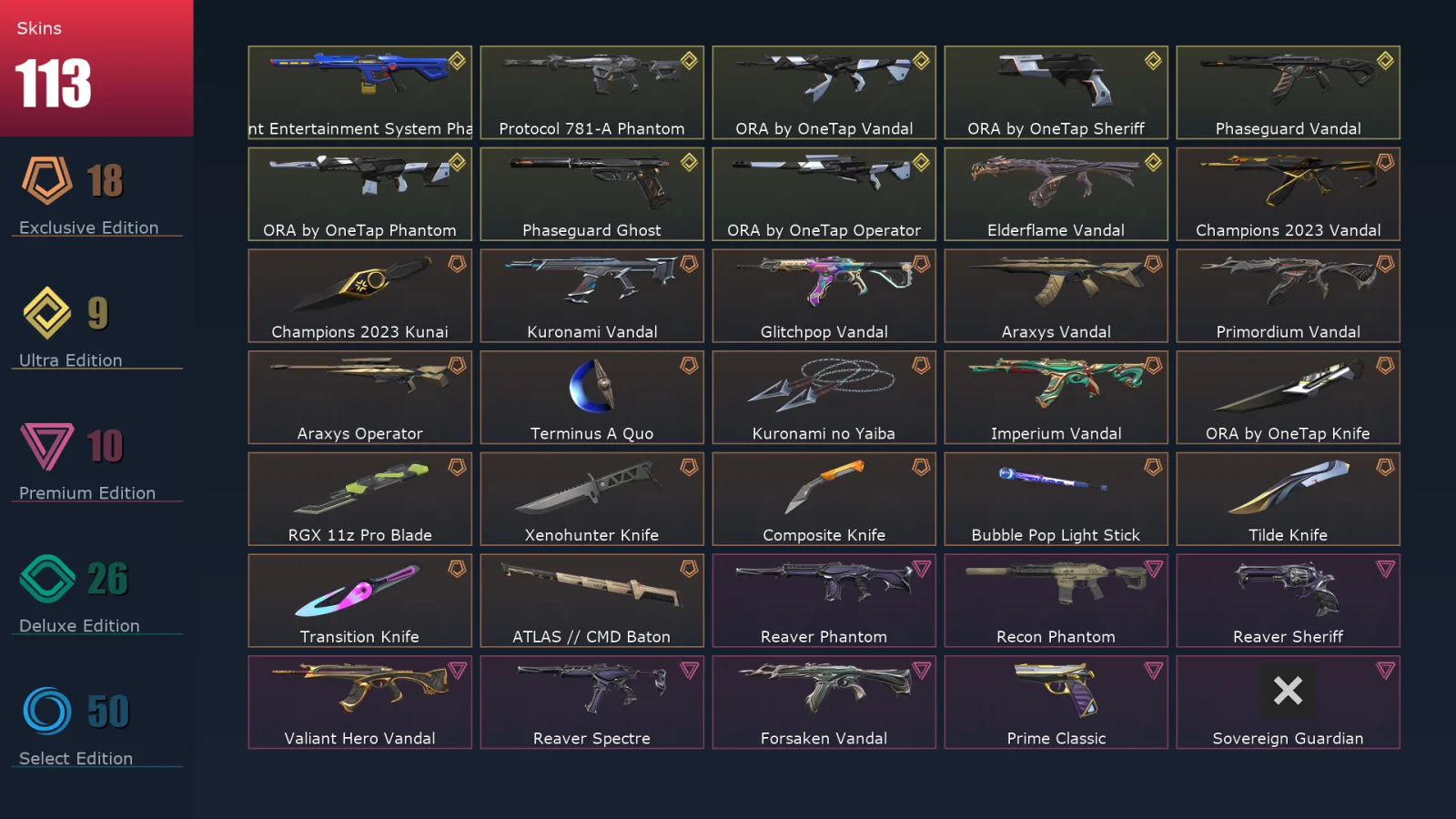 [Valorant] | EU | Level 167 | 29 Agents | 113 Skins