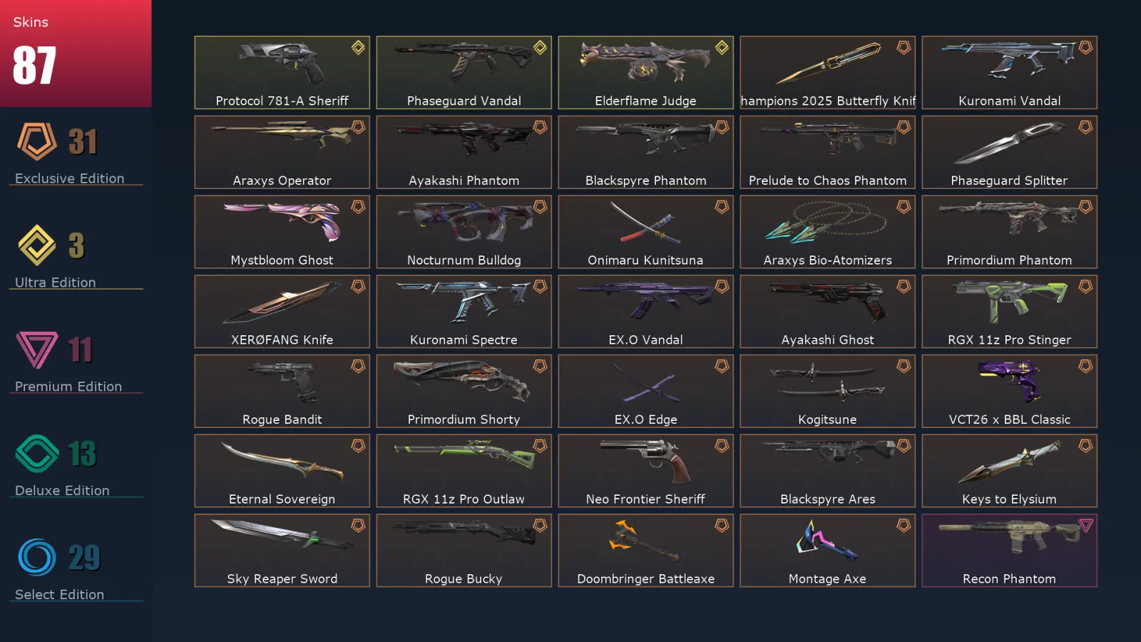 [Valorant] | EU | Level 110 | Platinum 2 | 29 Agents | 87 Skins