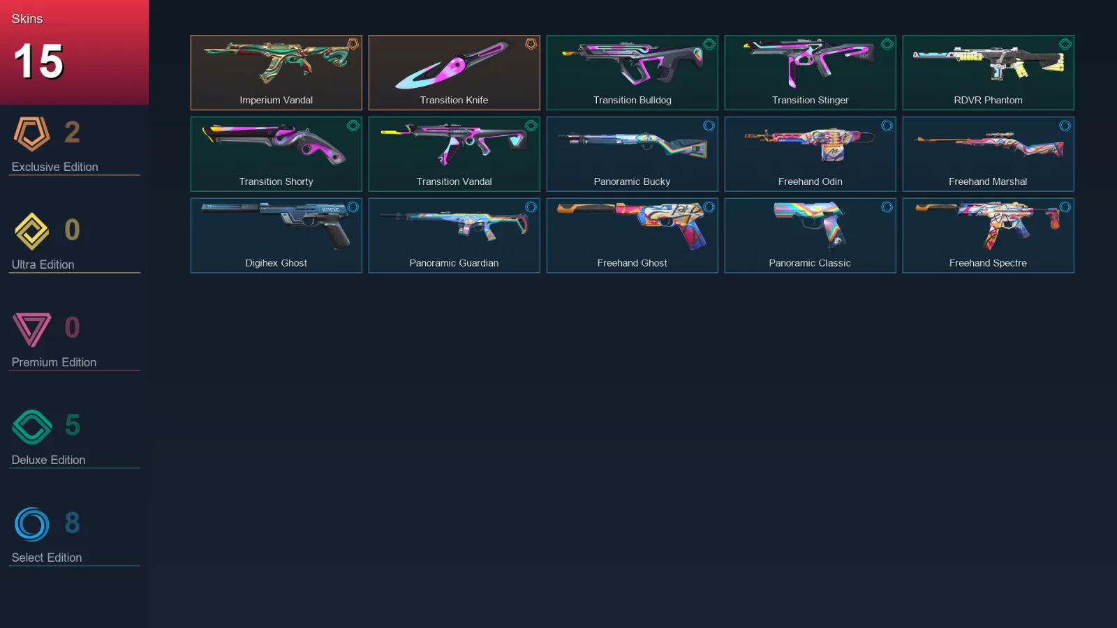 AP | Imperium Vandal | Transition Knife | Transition Bulldog | Transition Stinger | 15 Skin | 18 Agent | 37 Buddy | Lv67