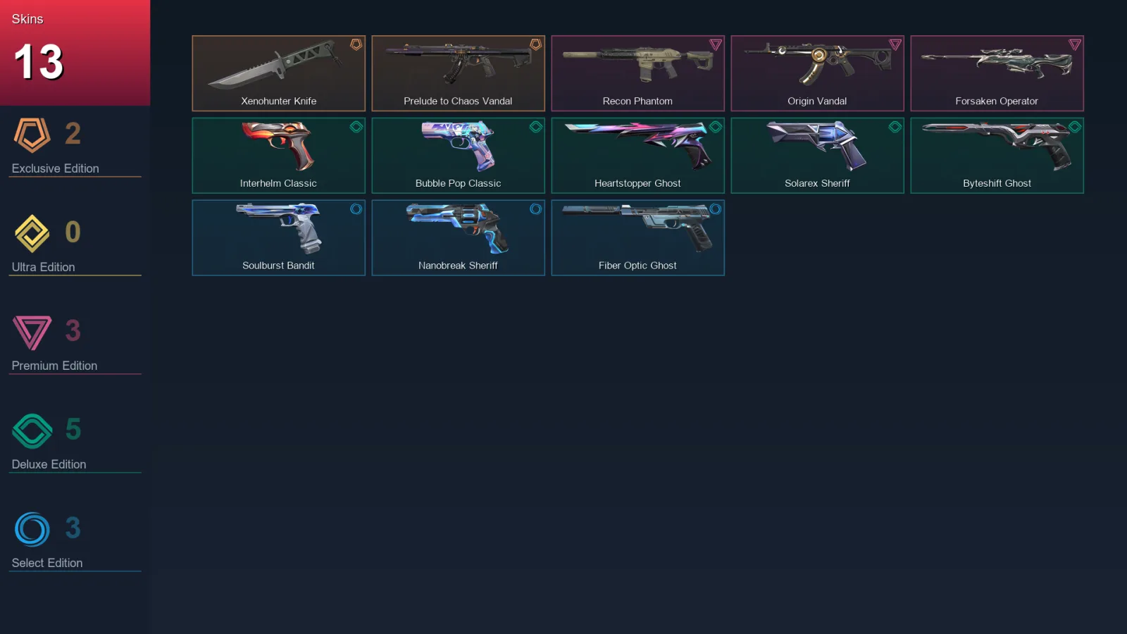 AP | Xenohunter Knife | Prelude to Chaos Vandal | Recon Phantom | Origin Vandal | 13 Skin | 29 Agent | 63 Buddy | Lv153