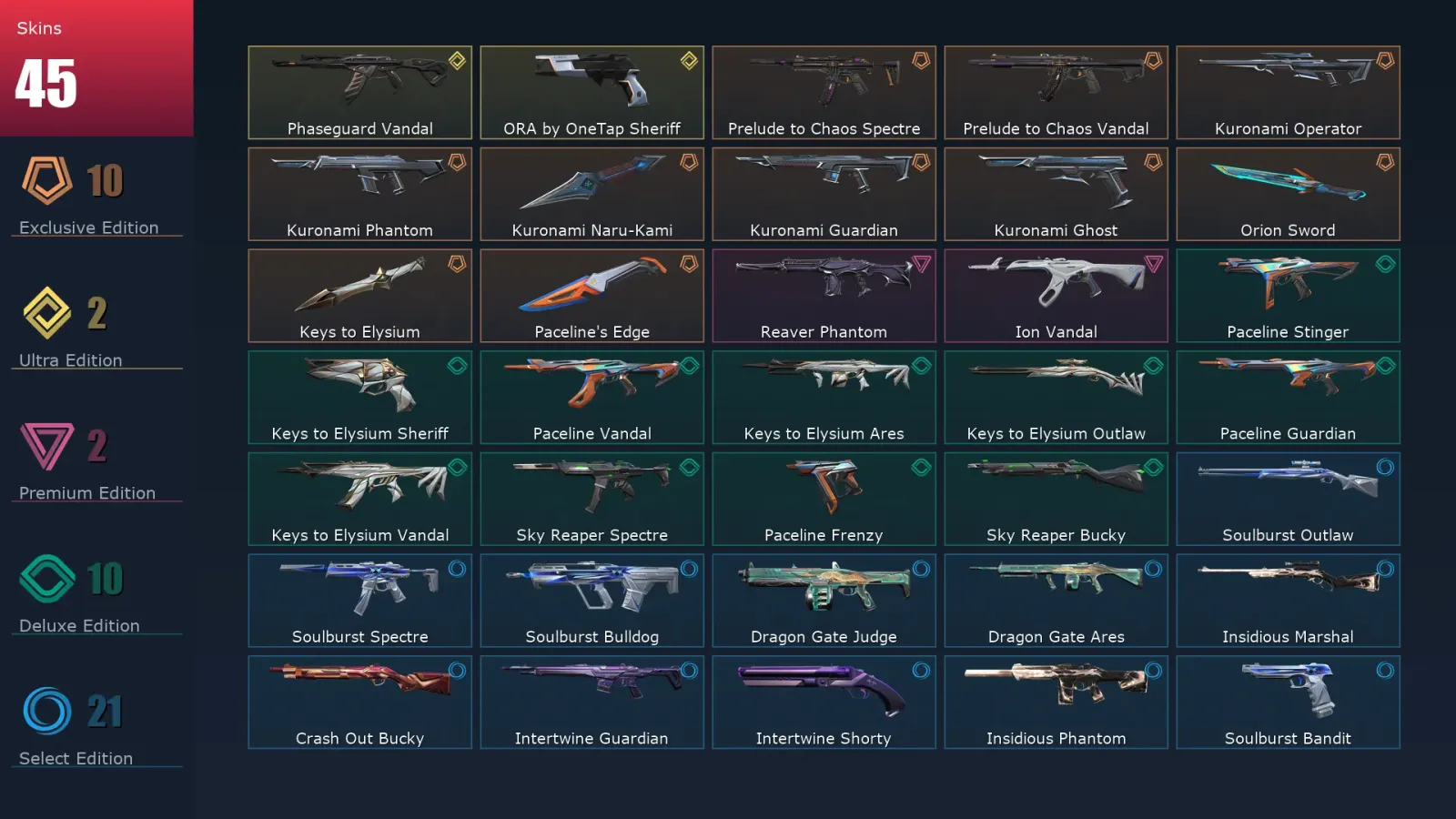 [Valorant] | EU | Level 42 | Ascendant 1 | 14 Agents | 45 Skins — Paceline Guardian