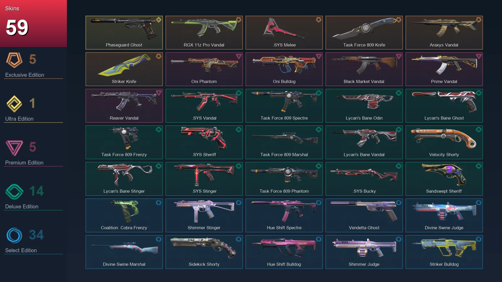 AP | RGX 11z Pro Vandal | .SYS Melee | Task Force 809 Knife | Araxys Vandal | 59 Skin | 27 Agent | 116 Buddy | Lv291