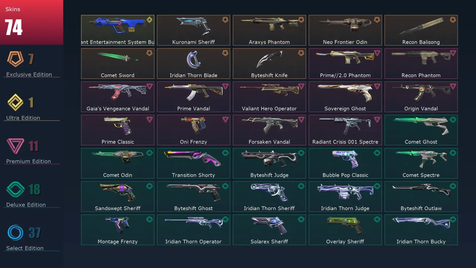 [Valorant] | EU | Level 337 | Platinum 3 | 29 Agents | 74 Skins — Doom Wing Odin