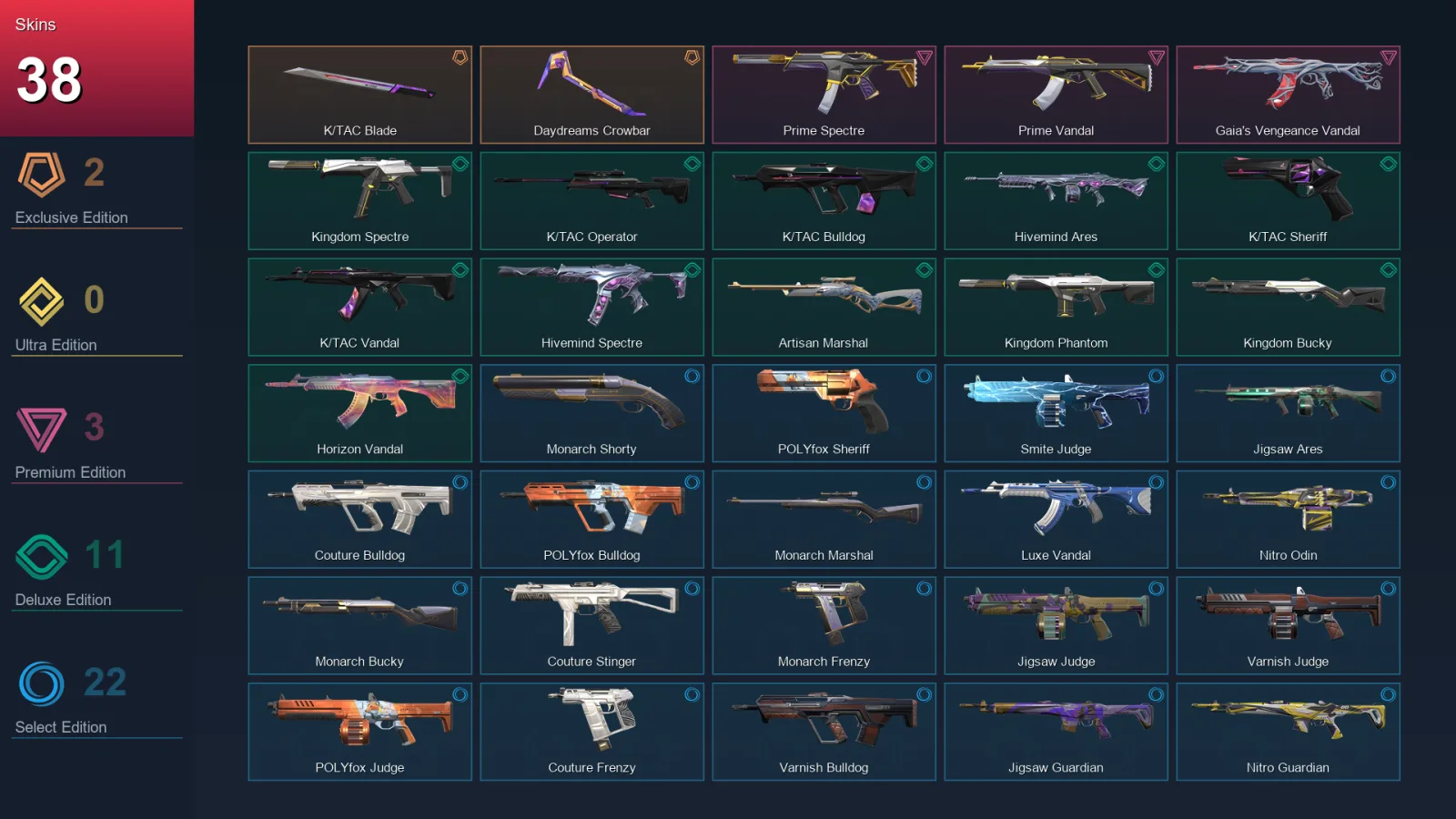 NA | K/TAC Blade | Daydreams Crowbar | Prime Spectre | Prime Vandal | 38 Skin | 23 Agent | 51 Buddy | Lv88