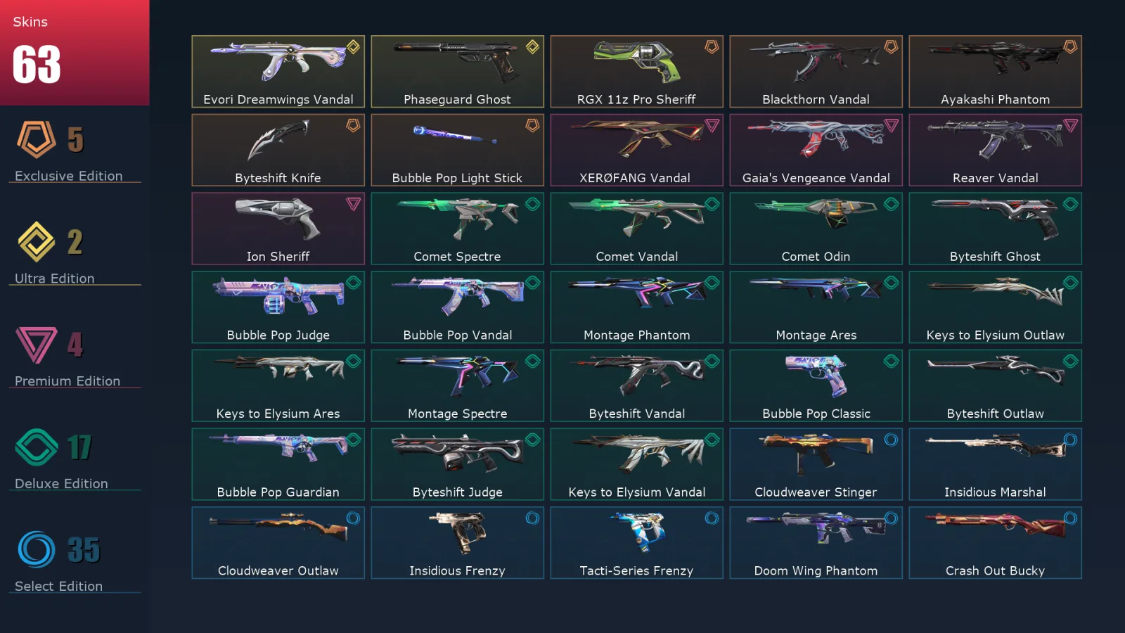 [Valorant] | EU | Level 85 | Bronze 2 | 25 Agents | 63 Skins