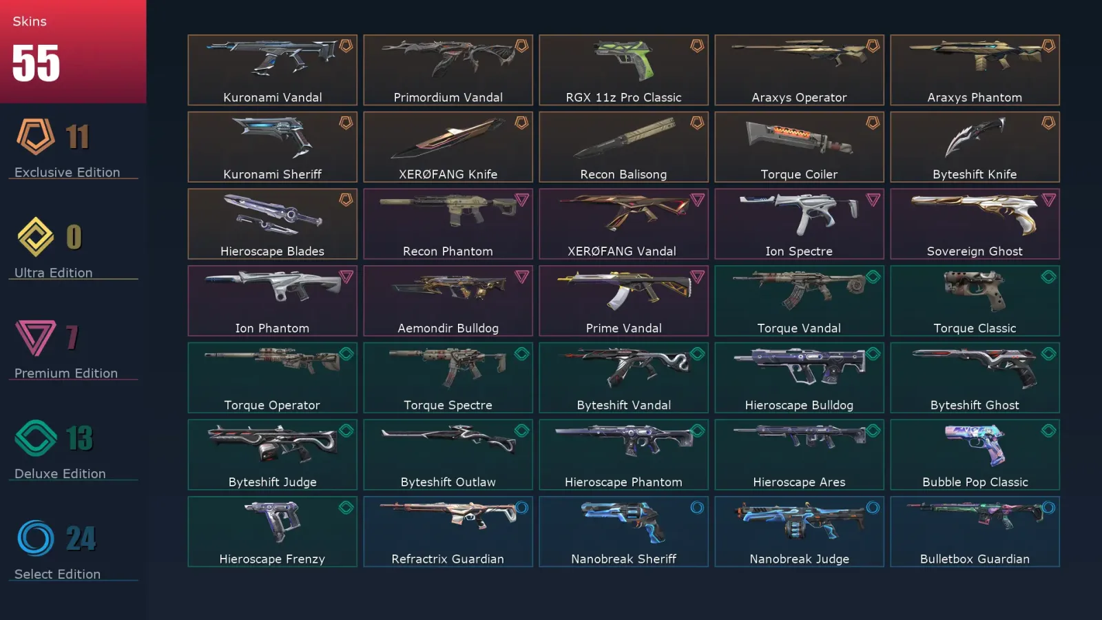 [Valorant] | EU | Level 104 | 26 Agents | 55 Skins