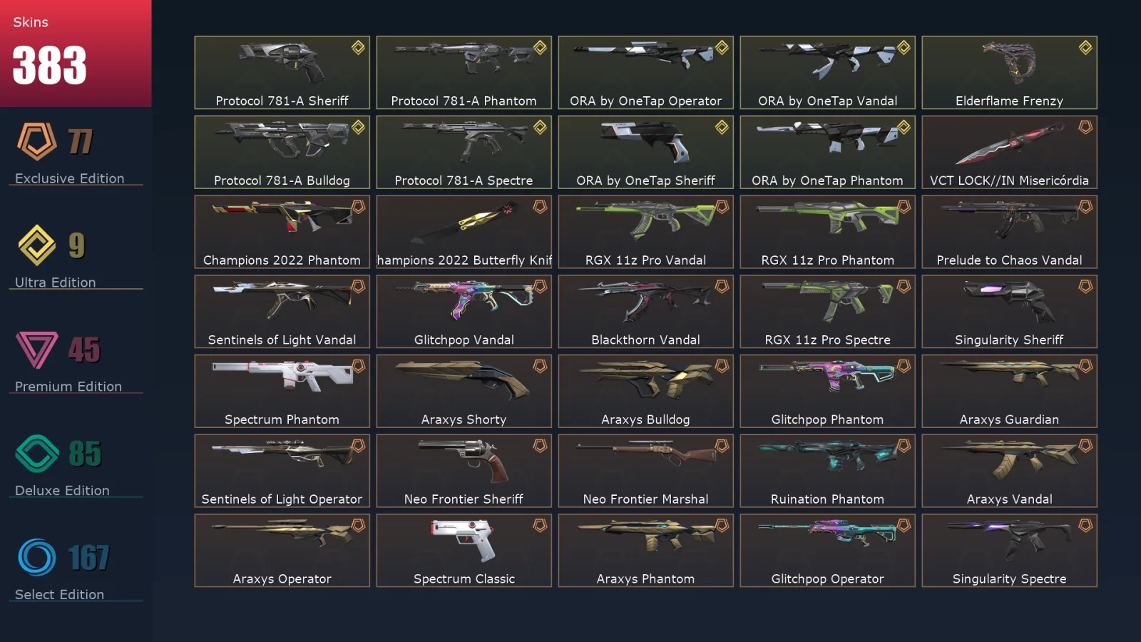 [Valorant] | EU | Level 314 | Gold 1 | 29 Agents | 383 Skins