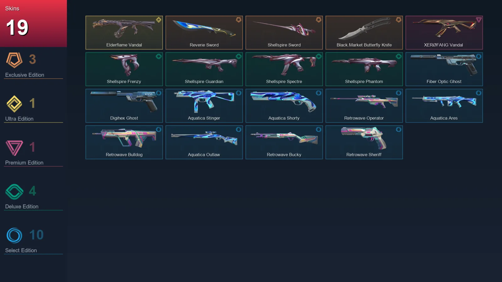 AP | Reverie Sword | Shellspire Sword | Black.Market Butterfly Knife | Elderflame Vandal | 19 Skin | 24 Agent | 59 Buddy | Lv126
