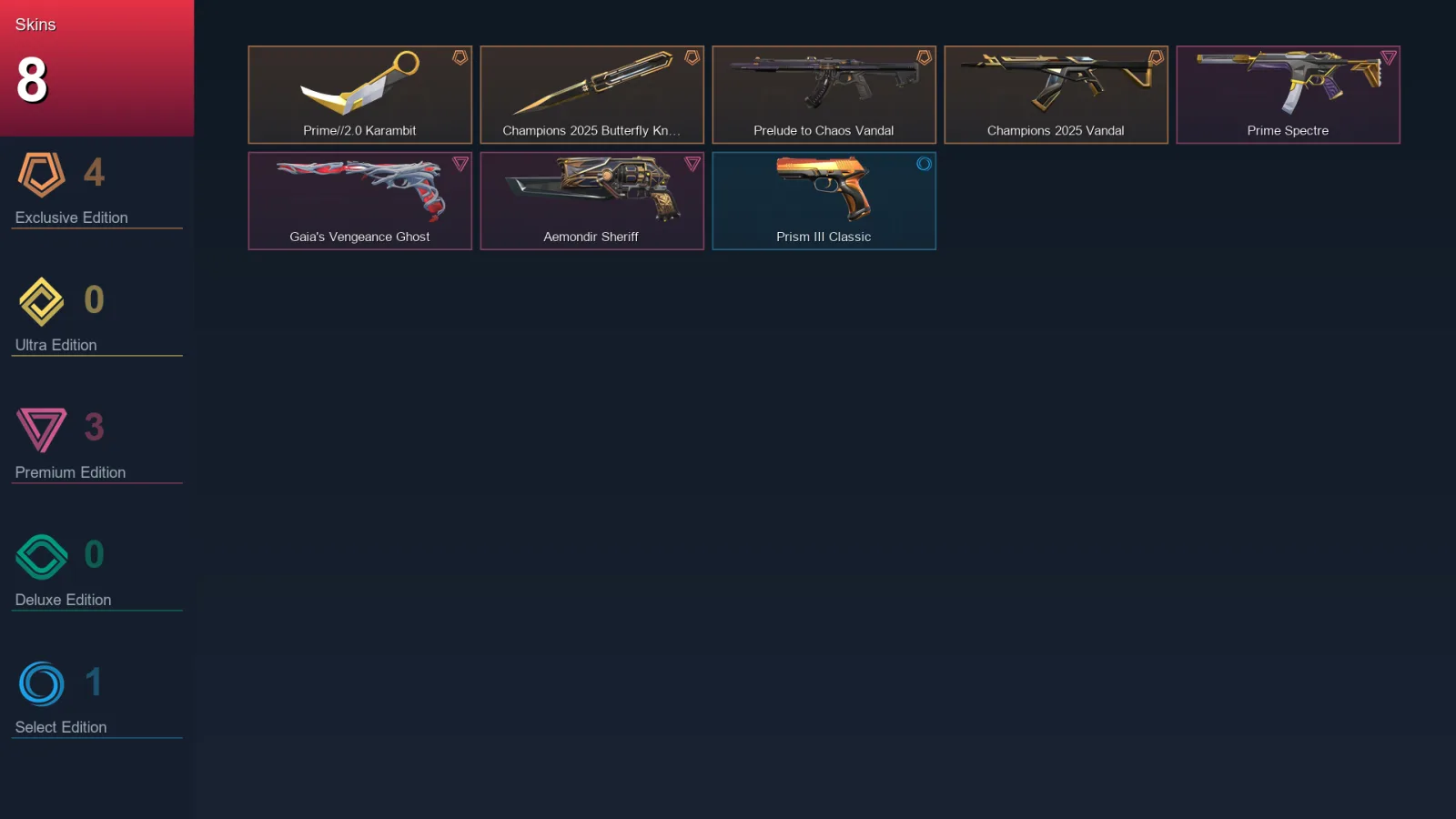 EU | Prime//2.0 Karambit | Champions 2025 Butterfly Knife | Prelude to Chaos Vandal | Champions 2025 Vandal | 8 Skin | 20 Agent | 42 Buddy | Lv60