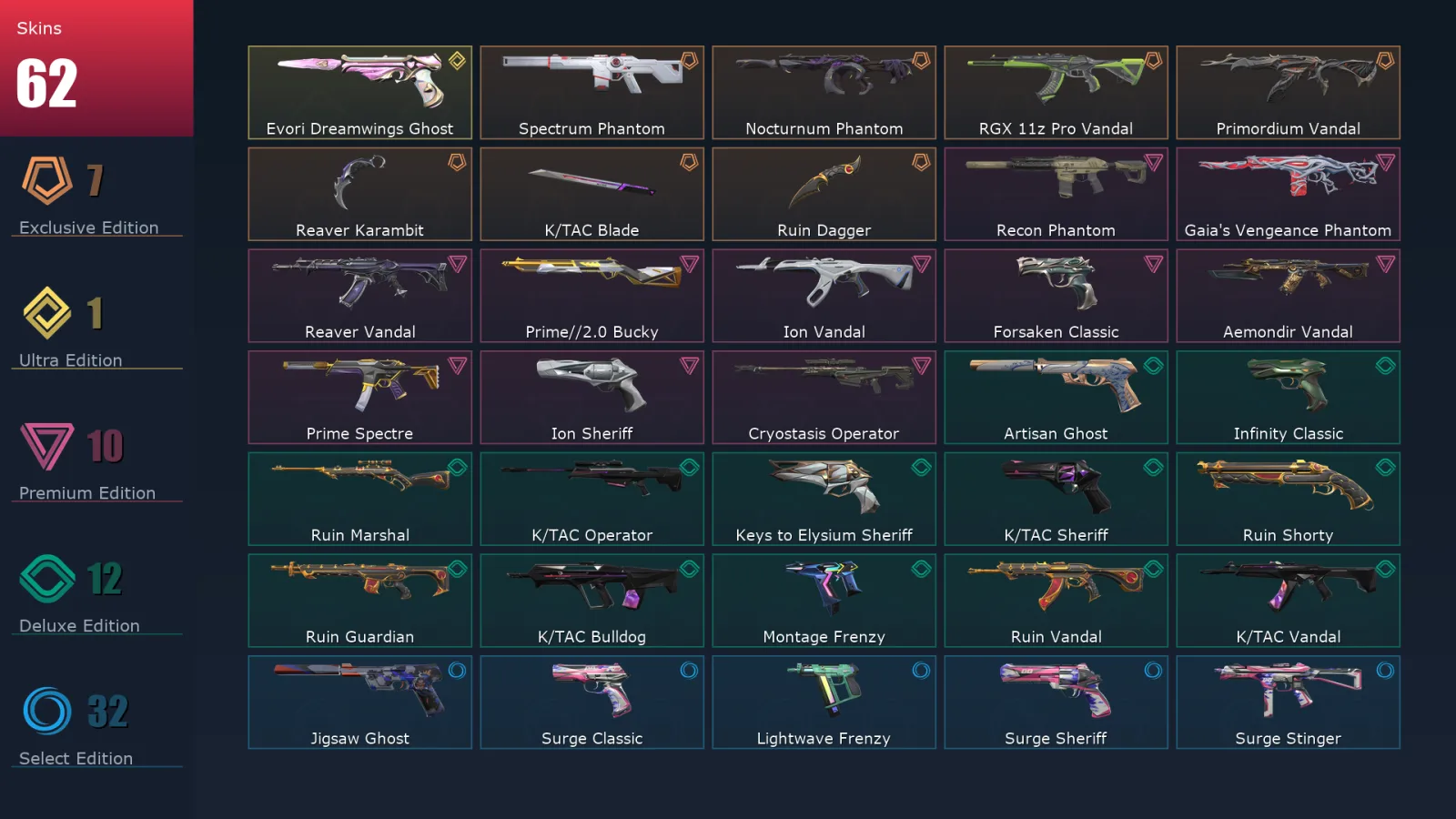 [Valorant] | EU | Level 326 | Silver 2 | 29 Agents | 62 Skins