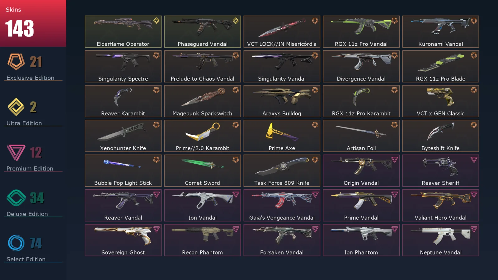 [Valorant] | EU | Level 228 | Diamond 2 | 29 Agents | 143 Skins