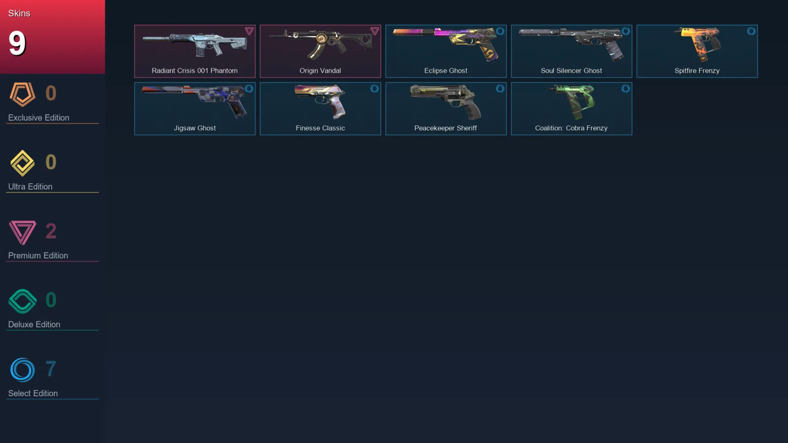 AP | Radiant Crisis 001 Phantom | Origin Vandal | Eclipse Ghost | Soul Silencer Ghost | 9 Skin | 19 Agent | 59 Buddy | Lv150