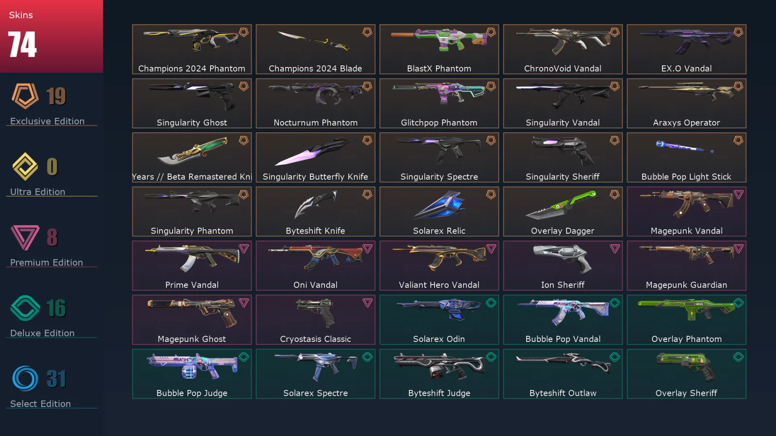 [Valorant] | EU | Level 100 | 28 Agents | 74 Skins