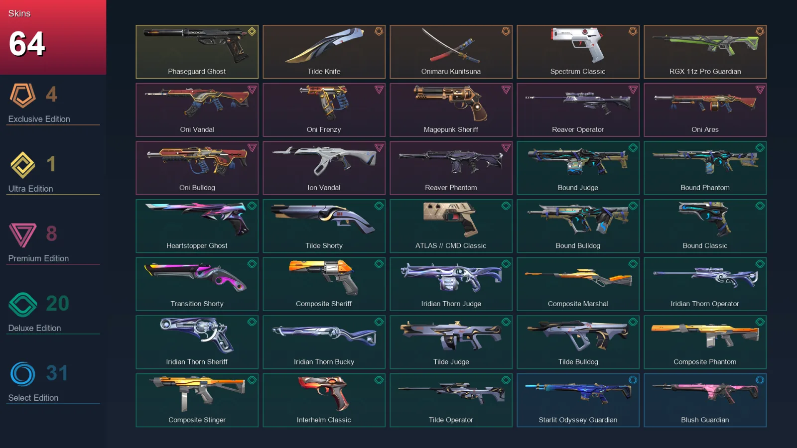 AP | Lv169 | Unranked | 64 Skin | 28 Agent | 96 Buddy