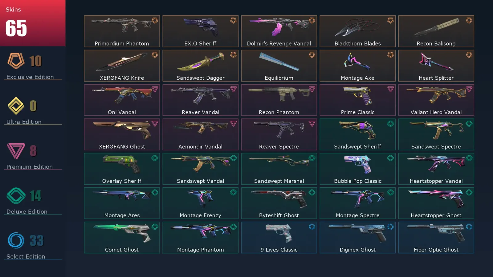 [Valorant] | EU | Level 321 | Platinum 3 | 29 Agents | 65 Skins