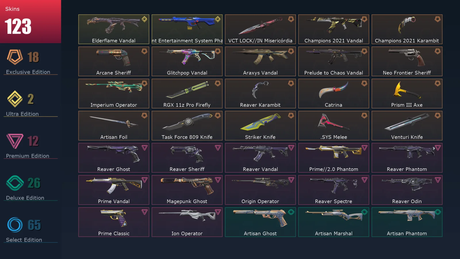[Valorant] | EU | Level 324 | Silver 2 | 29 Agents | 123 Skins