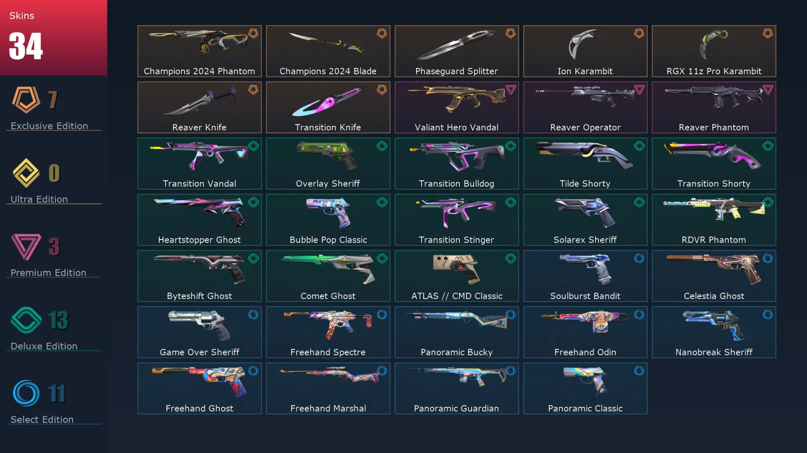 [Valorant] | EU | Level 254 | Ascendant 1 | 29 Agents | 34 Skins