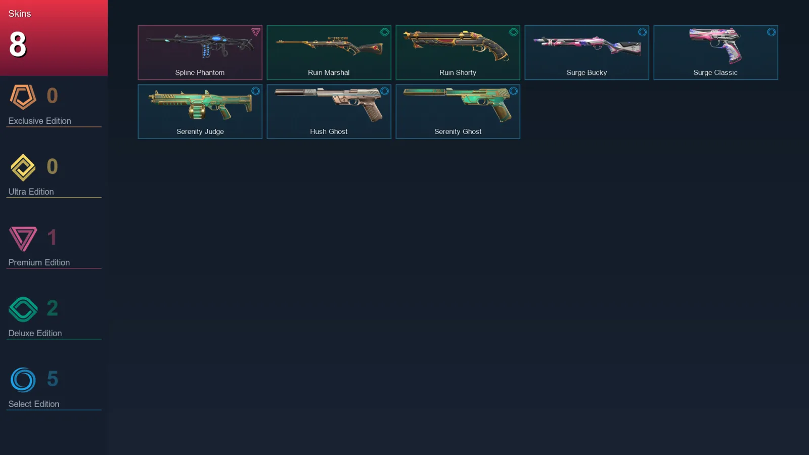 EU | Spline Phantom | Ruin Marshal | Ruin Shorty | Surge Bucky | 8 Skin | 10 Agent | 15 Buddy | Lv27 — Valorant account