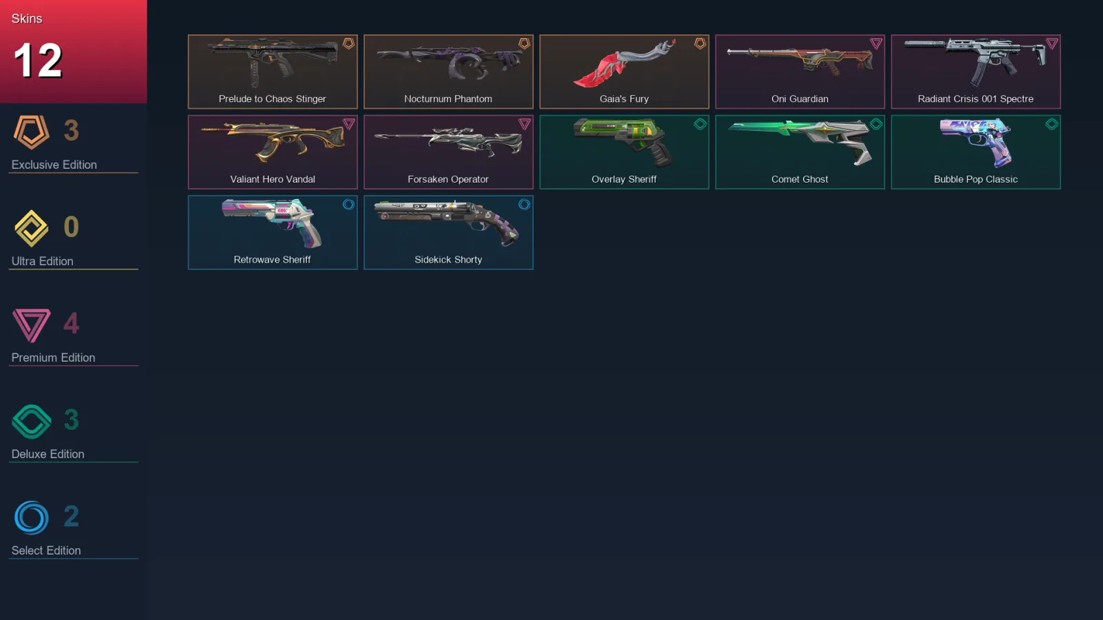 AP | Prelude to Chaos Stinger | Nocturnum Phantom | Gaia's Fury | Oni Guardian | 12 Skin | 27 Agent | 30 Buddy | Lv144