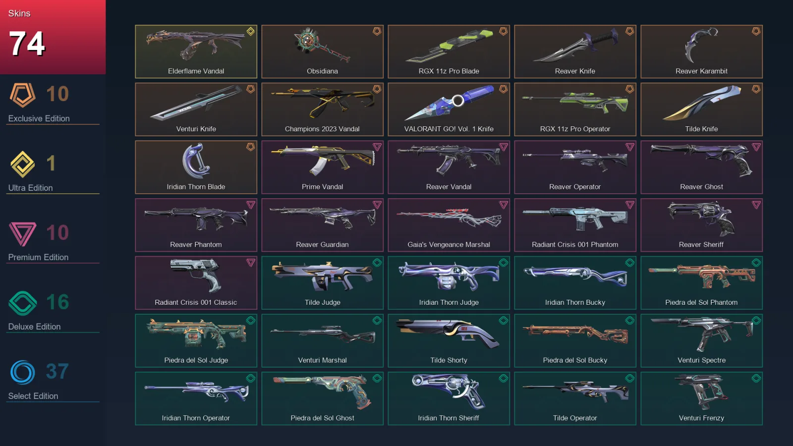EU | Lv136 | Unranked | 74 Skin | 23 Agent | 74 Buddy