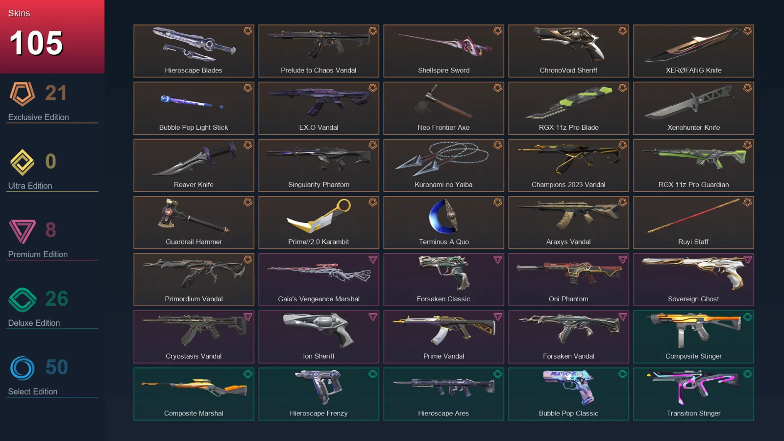 EU | Lv187 | Unranked | 105 Skin | 28 Agent | 105 Buddy