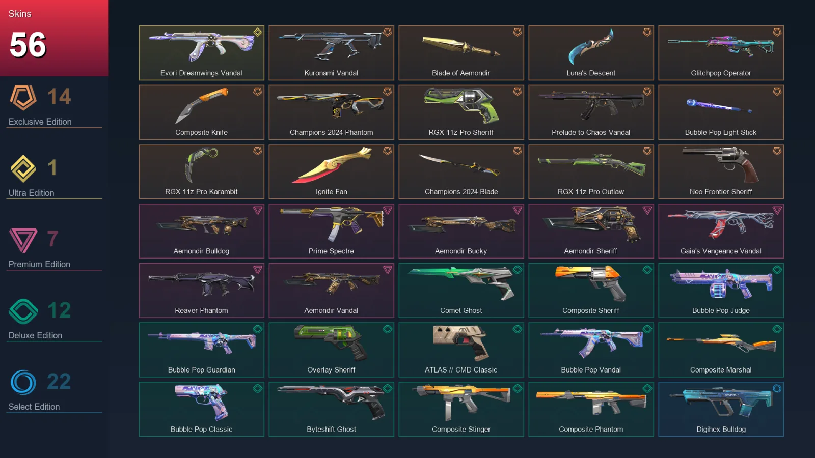 AP | Lv280 | Unranked | 56 Skin | 28 Agent | 118 Buddy