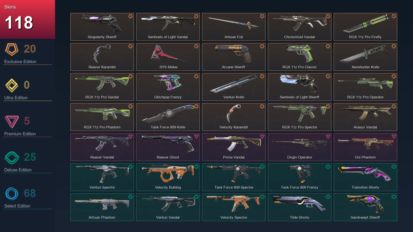 AP | Singularity Sheriff | Sentinels of Light Vandal | Artisan Foil | ChronoVoid Vandal | 118 Skin | 28 Agent | 179 Buddy | Lv468