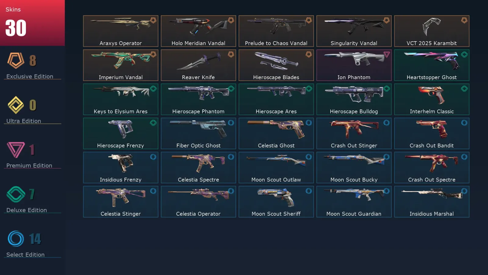 [Valorant] | EU | Level 115 | 25 Agents | 30 Skins — Celestia Stinger