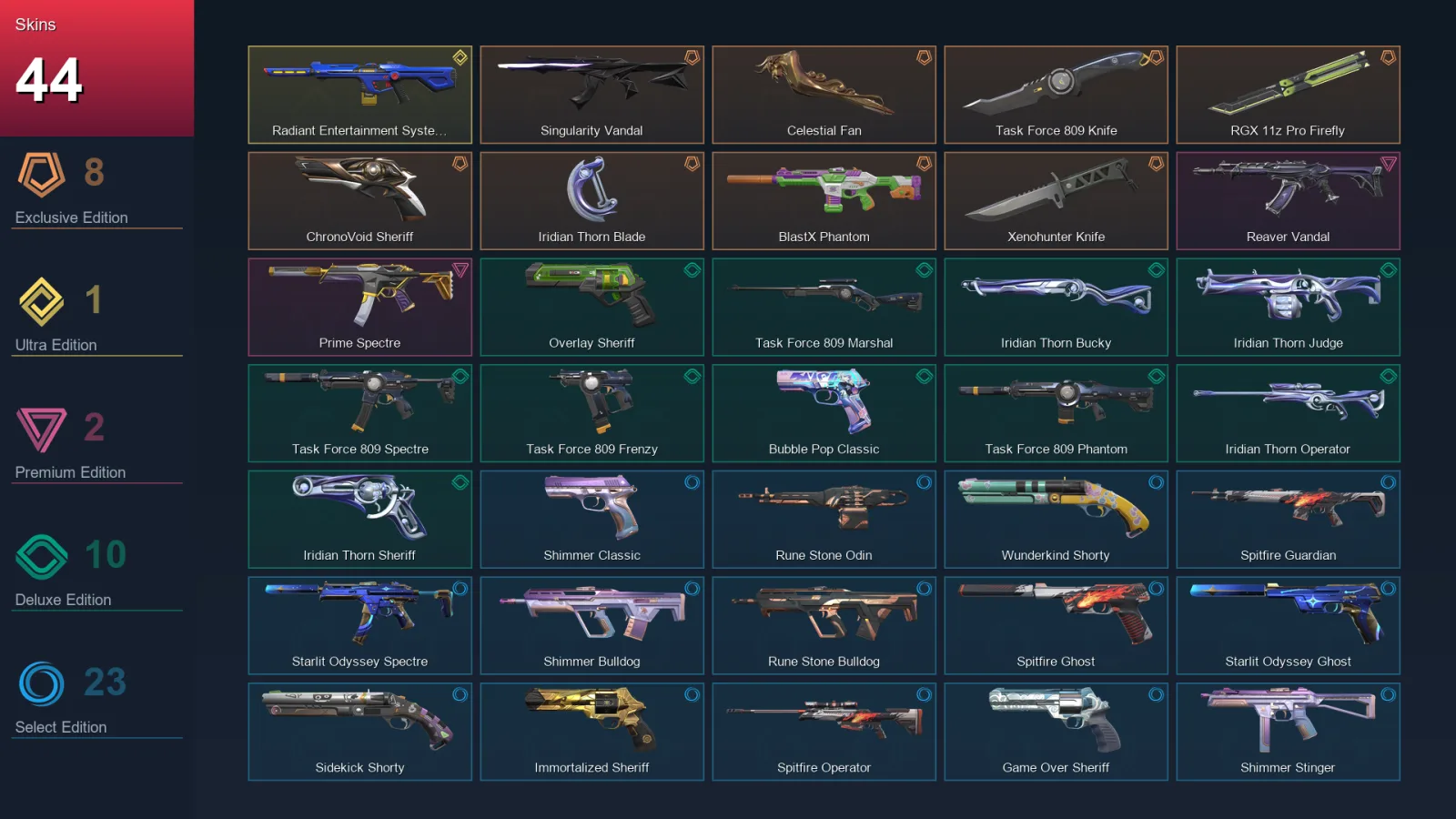 AP | Lv179 | Unranked | 44 Skin | 26 Agent | 76 Buddy