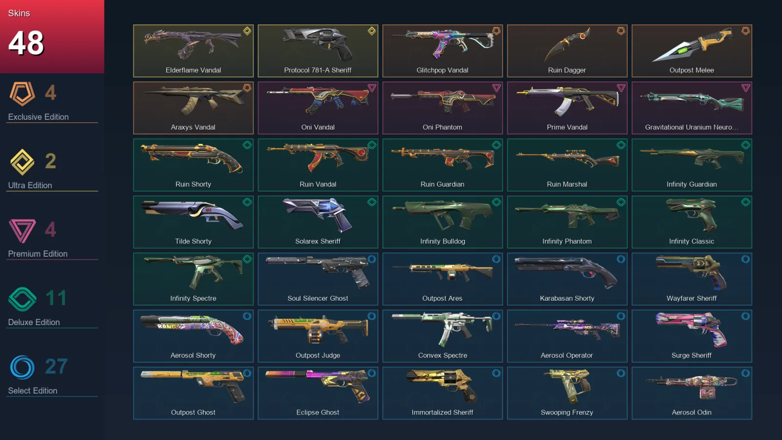 AP | Glitchpop Vandal | Ruin Dagger | Outpost Melee | Araxys Vandal | 48 Skin | 27 Agent | 115 Buddy | Lv241