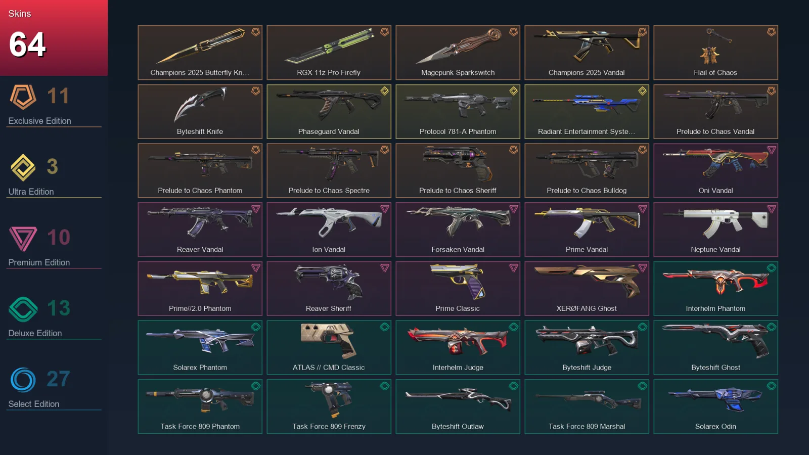 EU | Champions 2025 Butterfly Knife | RGX 11z Pro Firefly | Magepunk Sparkswitch | Champions 2025 Vandal | 64 Skin | 29 Agent | 66 Buddy | Lv112
