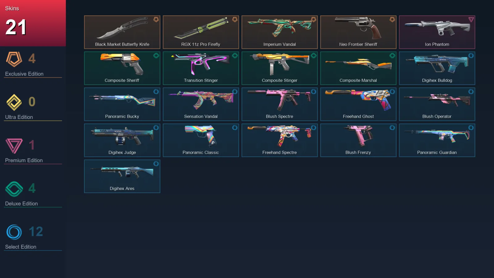 EU | Lv24 | Unranked | 21 Skin | 12 Agent | 12 Buddy — Ion Phantom