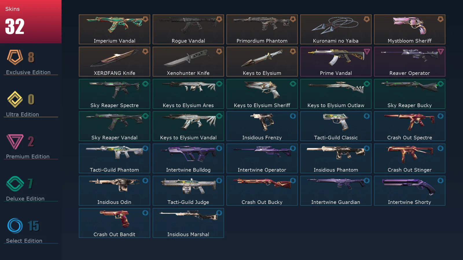 [Valorant] | EU | Level 1 | Immortal 1 | 14 Agents | 32 Skins