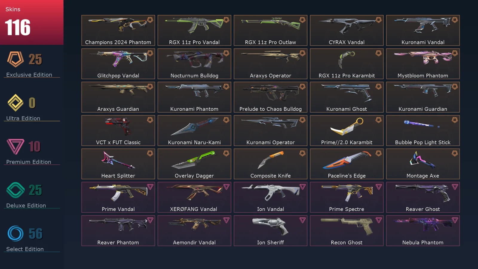 [Valorant] | EU | Level 177 | Platinum 1 | 29 Agents | 116 Skins