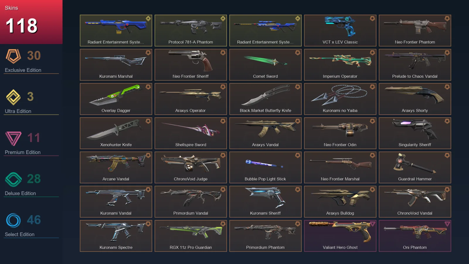 AP | Lv225 | Unranked | 118 Skin | 28 Agent | 103 Buddy