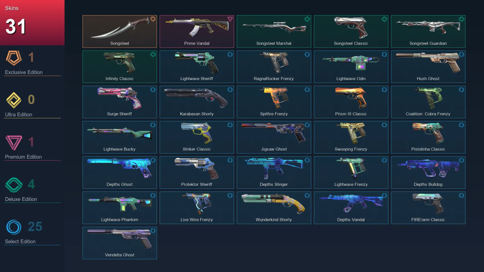 EU | Lv217 | Unranked | 31 Skin | 25 Agent | 78 Buddy &mdash; Valorant account with Sheriff skin
