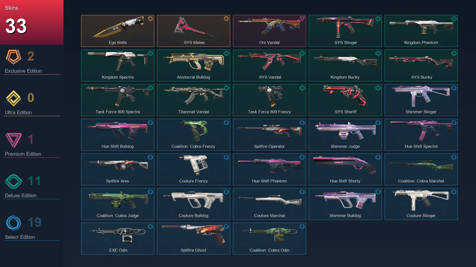 EU | Ego Knife | .SYS Melee | Oni Vandal | .SYS Stinger | 33 Skin | 14 Agent | 33 Buddy | Lv37