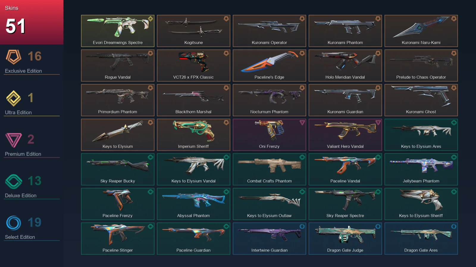 NA | Kogitsune | Kuronami Operator | Kuronami Phantom | Kuronami Naru-Kami | 51 Skin | 22 Agent | 55 Buddy | Platinum III | Lv78